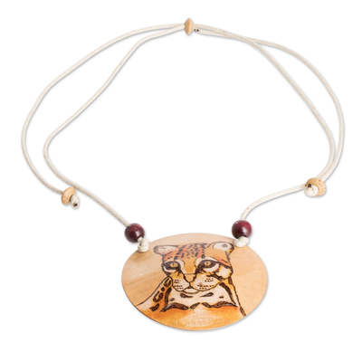 Calabash gourd pendant necklace, 'Spirit Portrayal' - Hand-Painted Calabash Gourd Ocelot Pendant Necklace