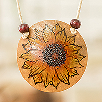 Calabash gourd pendant necklace, 'Sunflower Spirit' - Hand-Painted Calabash Gourd Sunflower Pendant Necklace