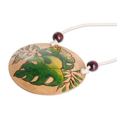 Calabash gourd pendant necklace, 'Leafy Spirit' - Leafy Hand-Painted Calabash Gourd Pendant Necklace
