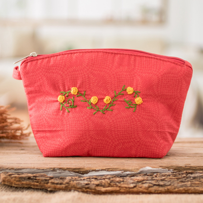 Embroidered cotton cosmetic bag, 'Poppy Beauty' - Embroidered Floral Poppy Cotton Cosmetic Bag with Zipper