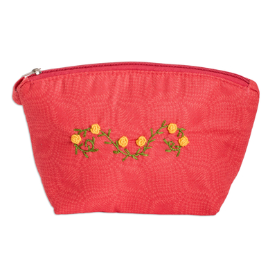 Embroidered cotton cosmetic bag, 'Poppy Beauty' - Embroidered Floral Poppy Cotton Cosmetic Bag with Zipper