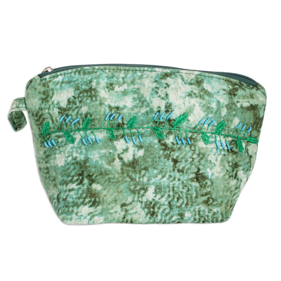 Embroidered cotton cosmetic bag, 'Forest Scenes' - Embroidered Leafy Green Cotton Cosmetic Bag with Zipper