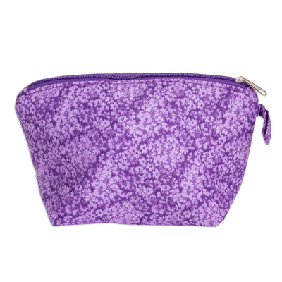 Embroidered cotton cosmetic bag, 'Royal Scenes' - Embroidered Floral Purple Cotton Cosmetic Bag with Zipper