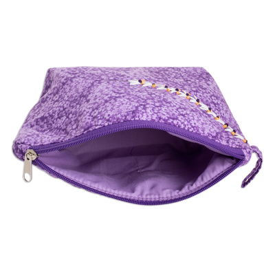 Embroidered cotton cosmetic bag, 'Royal Scenes' - Embroidered Floral Purple Cotton Cosmetic Bag with Zipper