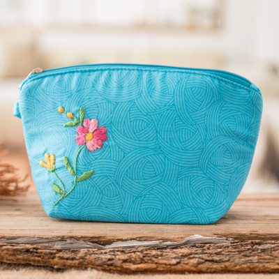 Embroidered cotton cosmetic bag, 'Cyan Beauty' - Embroidered Floral Cyan Cotton Cosmetic Bag with Zipper