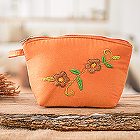 Embroidered cotton cosmetic bag, 'Evening Beauty' - Embroidered Floral Orange Cotton Cosmetic Bag with Zipper