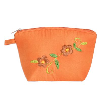 Bestickte Kosmetiktasche aus Baumwolle - Gestickte Kosmetiktasche aus Baumwolle in Orange mit Blumenmuster und Reißverschluss