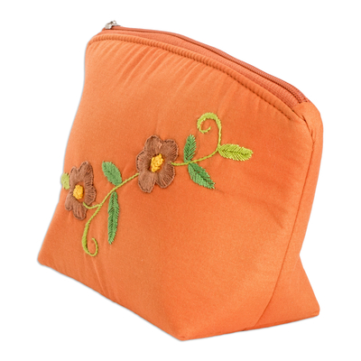 Embroidered cotton cosmetic bag, 'Evening Beauty' - Embroidered Floral Orange Cotton Cosmetic Bag with Zipper