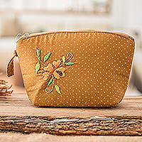 Embroidered cotton cosmetic bag, 'Starry Beauty' - Embroidered Floral and Starry Brown Cotton Cosmetic Bag