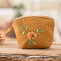 Embroidered cotton coin purse, 'Starry Beauty' - Embroidered Floral and Starry Brown Cotton Coin Purse