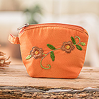 Embroidered cotton coin purse, 'Evening Beauty' - Embroidered Floral Orange Cotton Coin Purse with Zipper