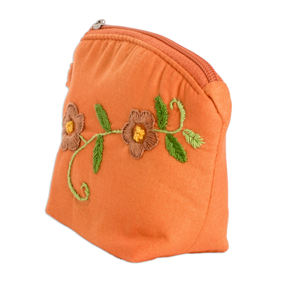 Monedero de algodón bordado - Monedero de algodón naranja floral bordado con cremallera