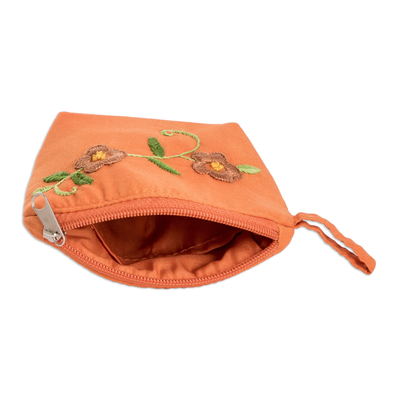 Monedero de algodón bordado - Monedero de algodón naranja floral bordado con cremallera