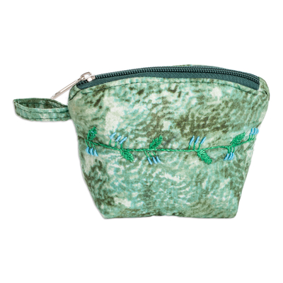 Embroidered cotton coin purse, 'Forest Scenes' - Embroidered Leafy Green Cotton Coin Purse with Zipper