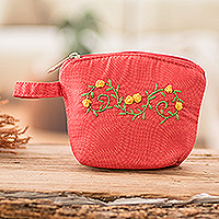 Monedero de algodón bordado, 'Poppy Beauty' - Monedero de algodón de amapola floral bordado con cremallera