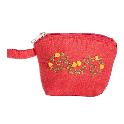 Embroidered cotton coin purse, 'Poppy Beauty' - Embroidered Floral Poppy Cotton Coin Purse with Zipper
