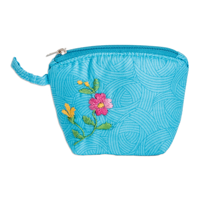 Embroidered cotton coin purse, 'Cyan Beauty' - Embroidered Floral Cyan Cotton Coin Purse with Zipper