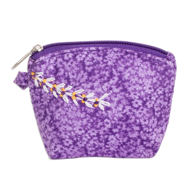 Embroidered cotton coin purse, 'Royal Scenes' - Embroidered Floral Purple Cotton Coin Purse with Zipper