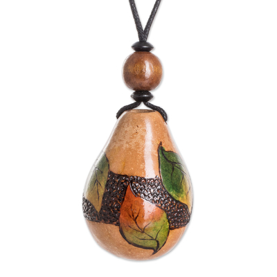 Calabash gourd pendant necklace, 'Leafy Scenes' - Leaf-Themed Handcrafted Calabash Gourd Pendant Necklace