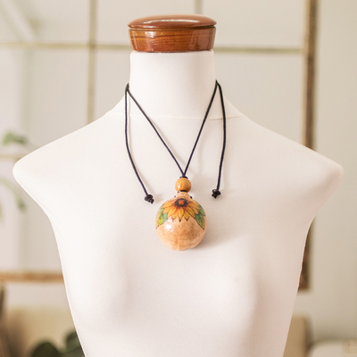 Calabash gourd pendant necklace, 'Sunflower Scenes' - Sunflower Handcrafted Calabash Gourd Pendant Necklace