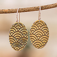 Bronze dangle earrings, 'Glorious Waves' - Scallop-Patterned Oval Bronze Dangle Earrings