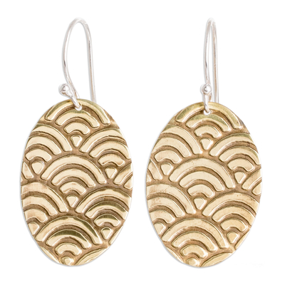 Bronze dangle earrings, 'Glorious Waves' - Scallop-Patterned Oval Bronze Dangle Earrings