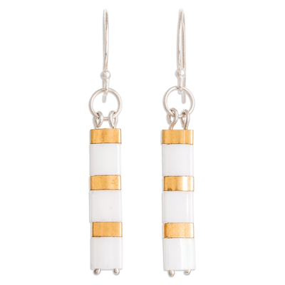Glass beaded dangle earrings, 'Paradise Columns' - Golden and White Glass Beaded Dangle Earrings