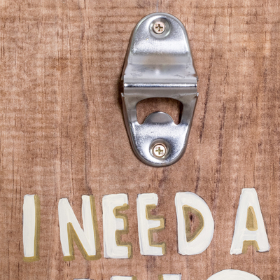 Wood wall-mounted bottle opener, 'I Need a Hug' - Hand-Painted Wood Wall-Mounted Bottle Opener from Costa Rica