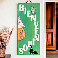 Wood wall art, 'Cats Welcome' - Hand-Painted Wood Cat Wall Art with Spanish Welcome Message