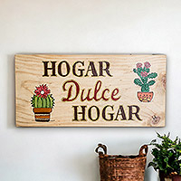 Arte de pared de madera, 'Hogar, dulce hogar' - Arte de pared de cactus de madera con mensaje en español Hogar dulce hogar