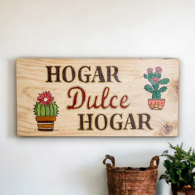 Wood wall art, 'Home Sweet Home' - Wood Cactus Wall Art with Spanish Home Sweet Home Message