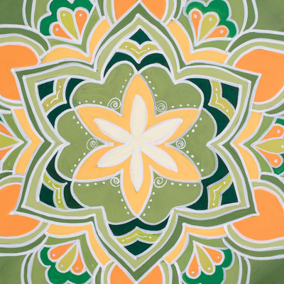 'Mandala' - Pintura acrílica de un mandala de flor de loto en verde y naranja