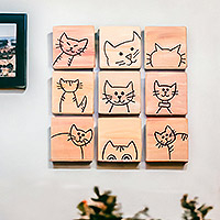 Wood wall art, 'Feline Portraits' (9 pieces) - Hand-Painted 9-Piece Wood Wall Art with Cat Motifs