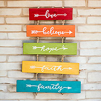 Wood wall art, 'Happy Thoughts' - Hand-Painted Inspirational Wood Wall Art with Jute Cords