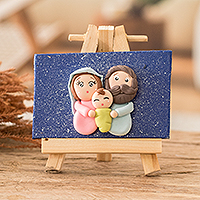 Cold porcelain and wood decorative accent, 'Tiny Holy Family' - Handcrafted Cold Porcelain Holy Family Decorative Accent