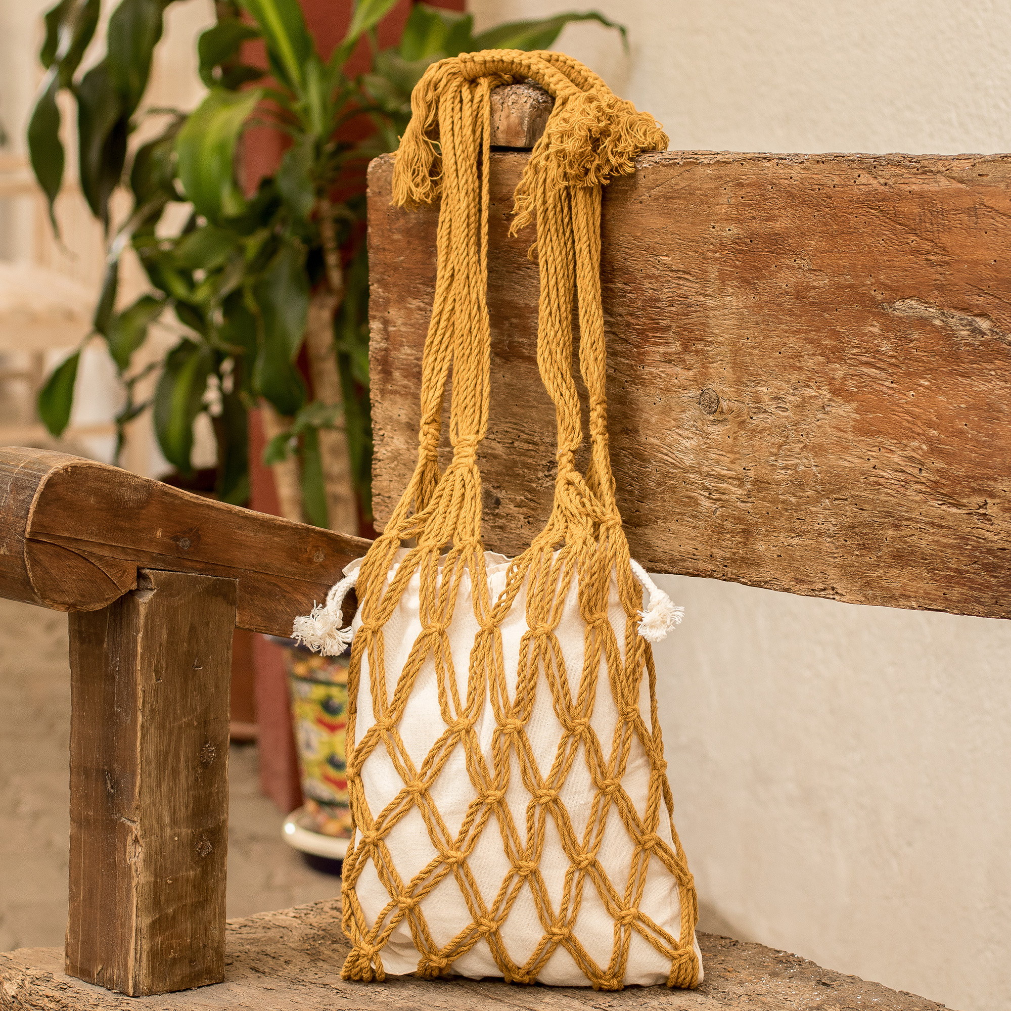 Off White Cotton Rope Handicraft Macrame Hand Bag