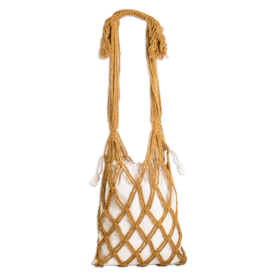 Cotton macrame tote bag, 'Happy Day' - Cotton Macrame Tote Bag in Ivory and Honey from El Salvador