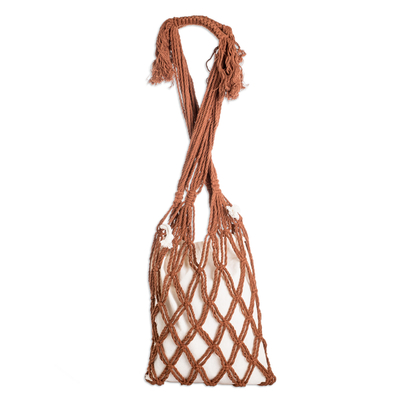 Cotton macrame tote bag, 'Happy Day in Brown' - Cotton Macrame Tote Bag in Ivory and Brown from El Salvador