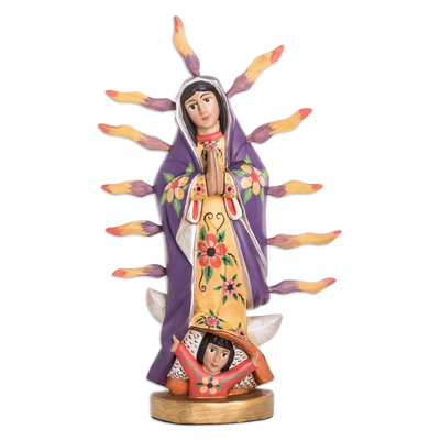 Wood sculpture, 'Queen of Guadalupe' - Handcrafted Floral Our Lady of Guadalupe Pinewood Sculpture