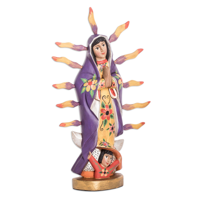 Escultura de madera - Escultura floral artesanal de madera de pino de Nuestra Señora de Guadalupe