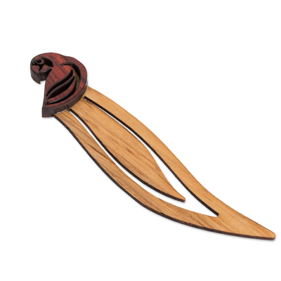 Teak wood bookmark, 'Intellectual Macaw' - Macaw-Themed Leafy Teak and Mora Wood Bookmark