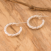 Sterling silver half-hoop earrings, 'Moon Spectacle' - Polished Sterling Silver Torsade Half-Hoop Earrings