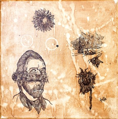 Van Gogh en la noche de los girasoles tristes - Pintura de lavado de café y tinta surrealista estirada firmada