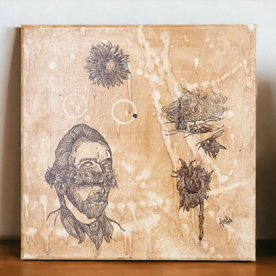 'Van Gogh at Night of Sad Sunflowers' - Signed Stretched Surrealist Ink and Coffee Wash Painting