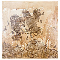 'Pelea de gallos' - Pintura impresionista estirada y aguada en café firmada