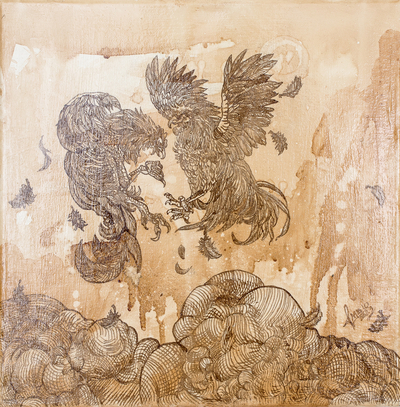 'Pelea de gallos' - Tinta impresionista estirada firmada y pintura de aguada de café