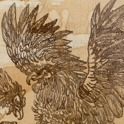'Pelea de gallos' - Tinta impresionista estirada firmada y pintura de aguada de café