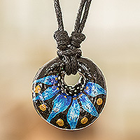 Ceramic pendant necklace, 'Night's Blue Grace' - Floral Adjustable Painted Ceramic Pendant Necklace in Blue