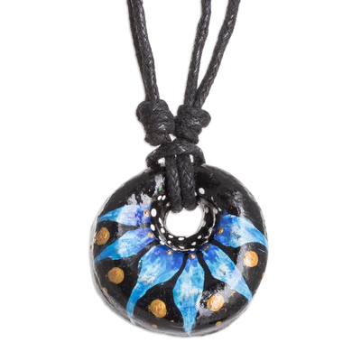 Ceramic pendant necklace, 'Night's Blue Grace' - Floral Adjustable Painted Ceramic Pendant Necklace in Blue