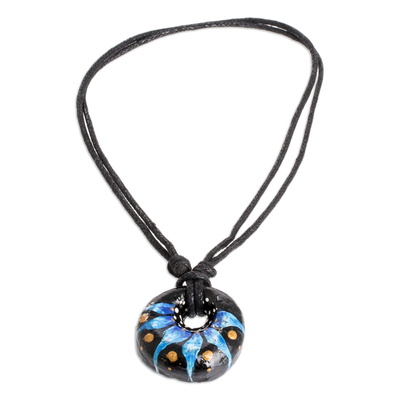 Halskette mit Keramikanhänger - Florale, verstellbare, bemalte Keramik-Anhänger-Halskette in Blau